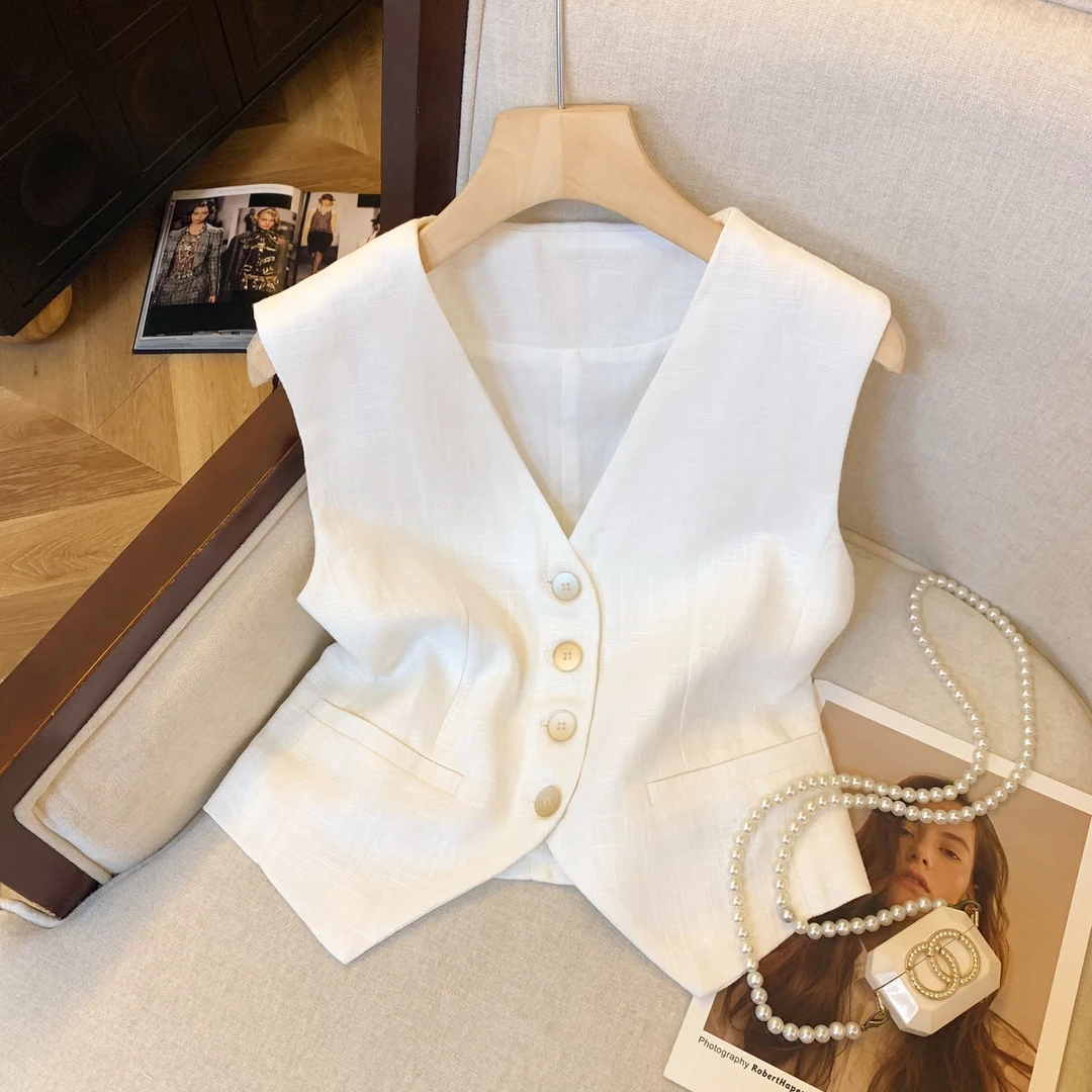 7726#白色洋气亚麻马甲背心女春秋新款老钱风v领无袖西装别致上衣
