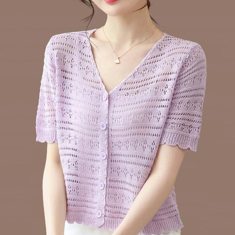 夏季冰丝针织衫开衫薄款外套女短袖短款镂空防晒衣空调衫披肩外搭