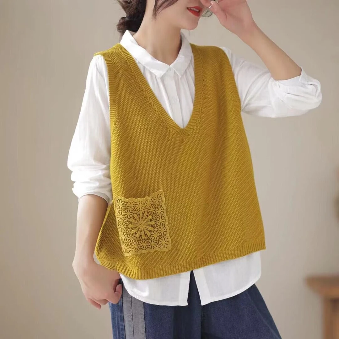 大码叠穿V领针织马甲背心春秋宽松无袖蕾丝毛衣坎肩毛线马夹外搭