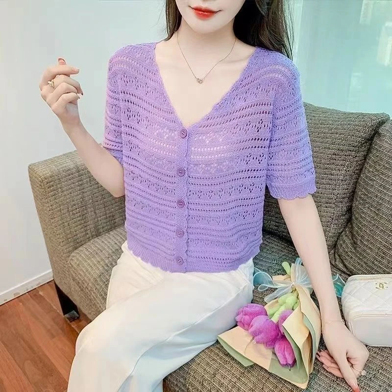 夏季冰丝针织衫开衫薄款外套女短袖短款镂空防晒衣空调衫披肩外搭