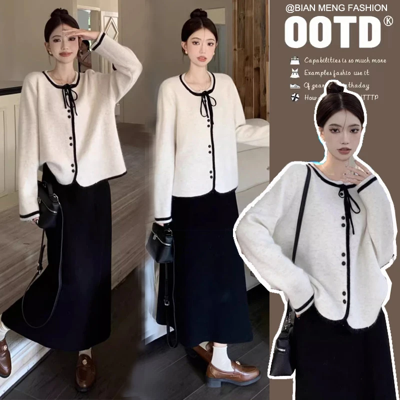 孕妇秋冬套装小香风蝴蝶结系带撞色毛衣外套针织半身裙两件套