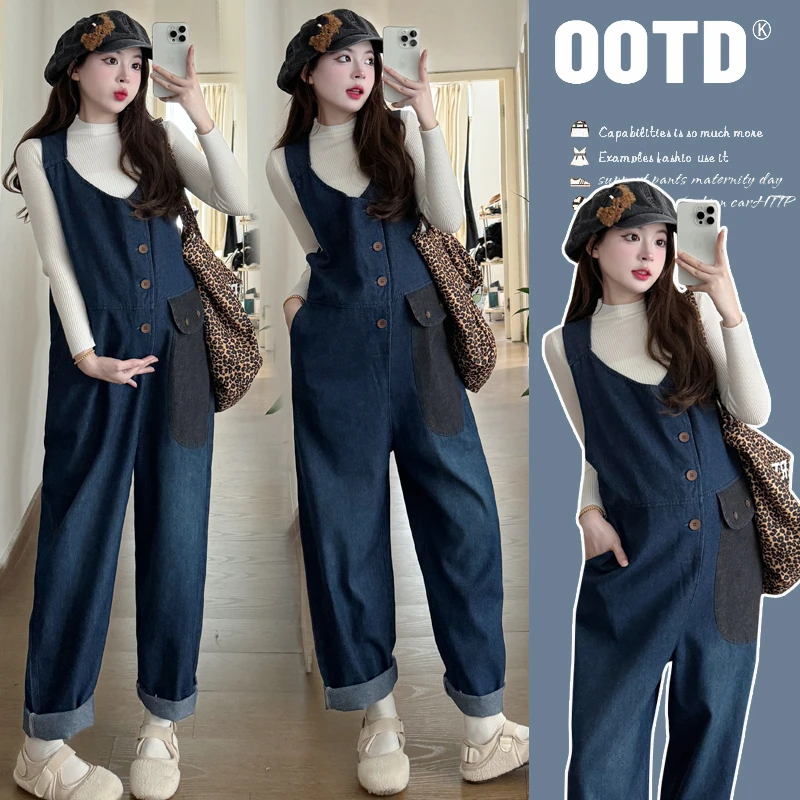 孕妇装2024新款秋装牛仔背带裤套装早秋大码显瘦短袖上衣两件套潮