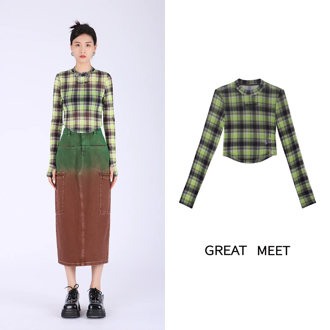 【丽丽专属】QINGMU 短款绿黑格长袖t恤Q63576019