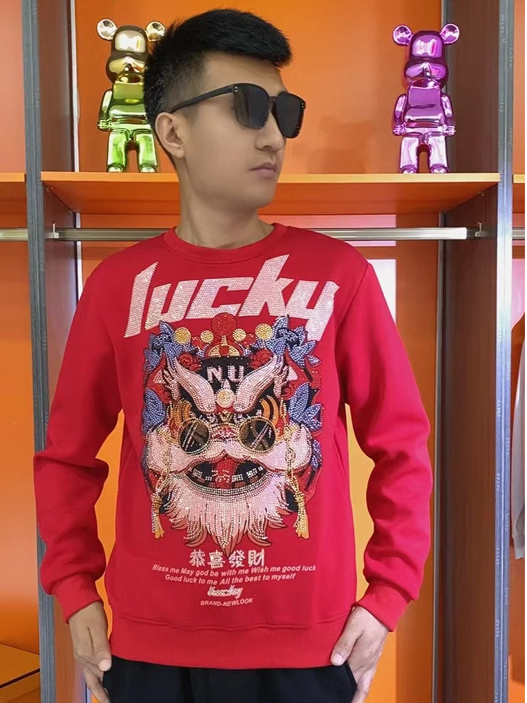 2024秋冬新款男上衣高奢潮烫钻潮流卫衣圆领修身时尚百搭醒狮长袖