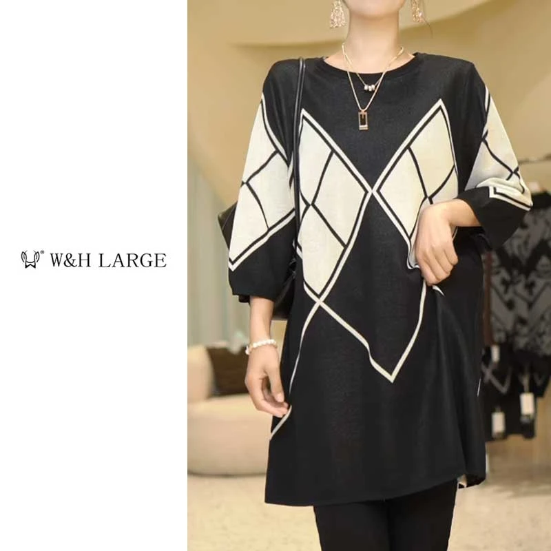 6561#春季新款大码女装中长款上衣黑白菱格撞色设计时尚减龄