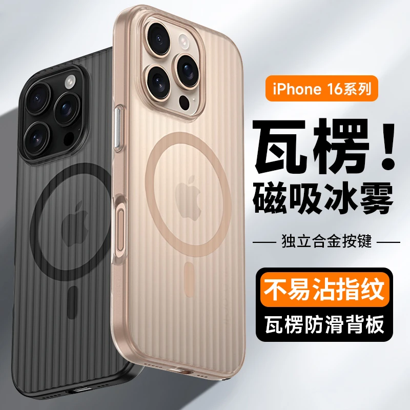 适用苹果16promax手机壳磁吸16pro瓦楞大孔1514/13/12磨砂半透明