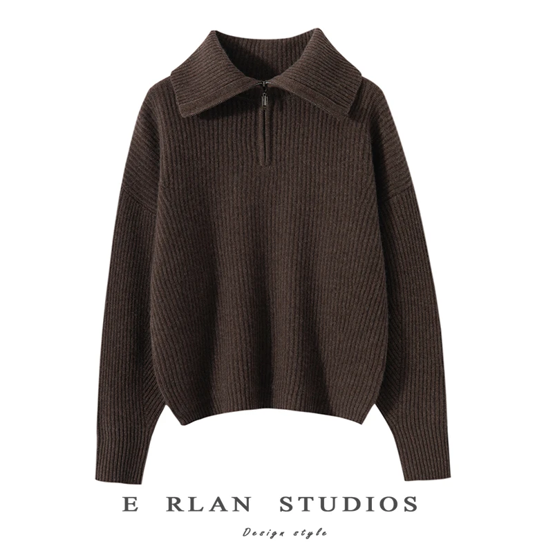 小禾家100%山羊绒衫 双股加厚的双元宝POLO领 翻领宽松针织