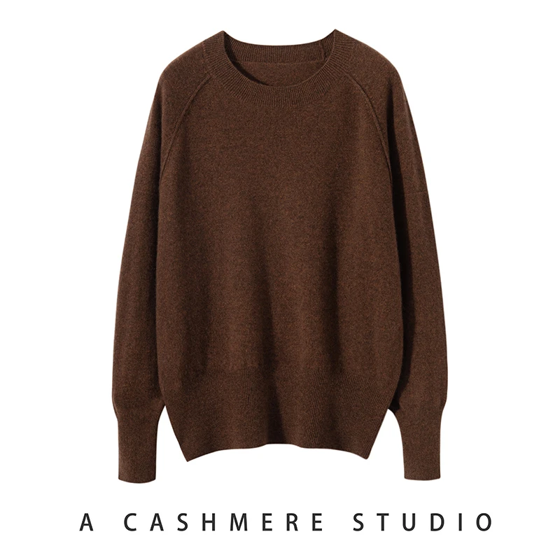小禾家经典基础版型 圆领套头插肩袖针织衫 100%山羊绒衫