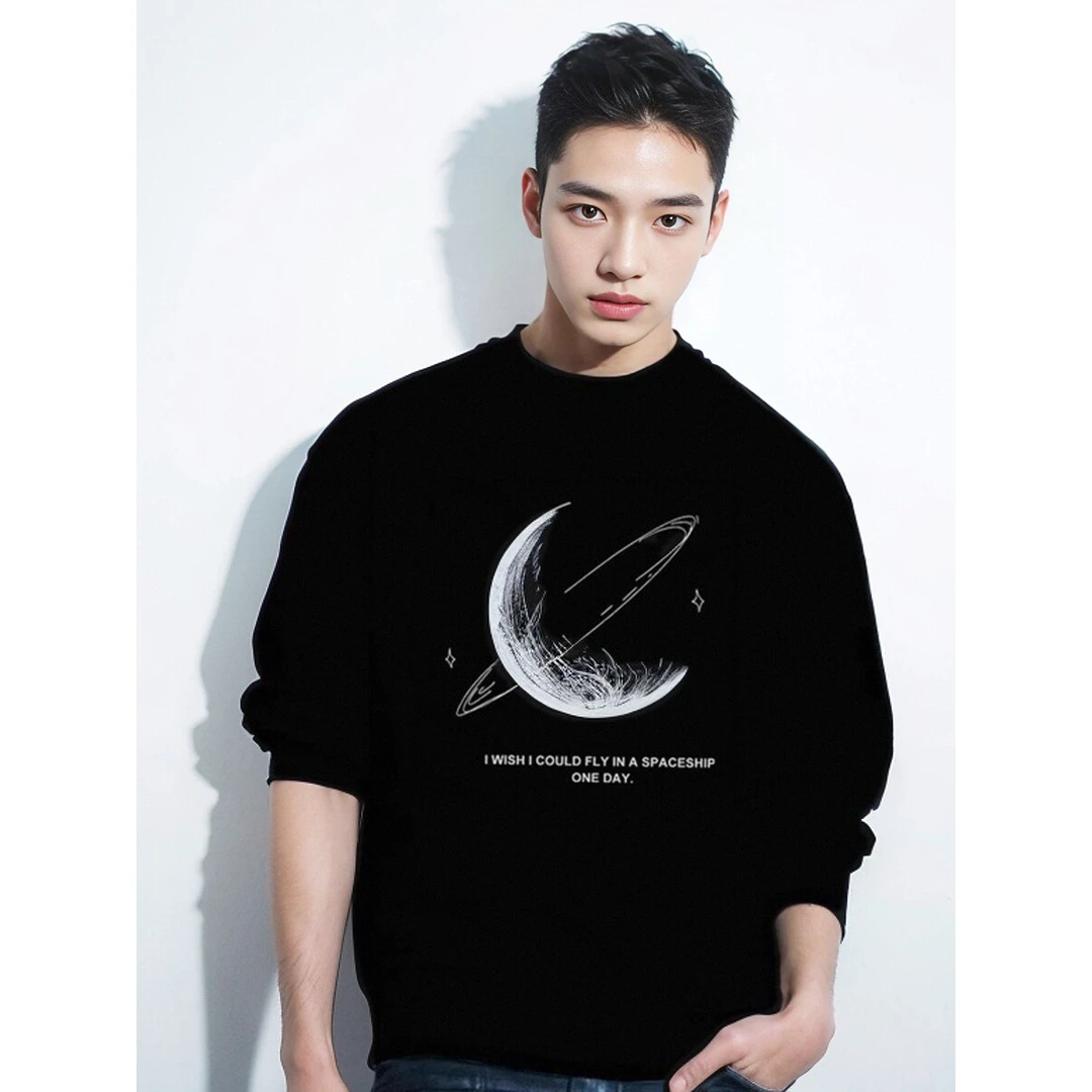 男款爆款秋冬季圆领月亮卫衣男士潮牌ins设计感宽松无帽长袖T恤