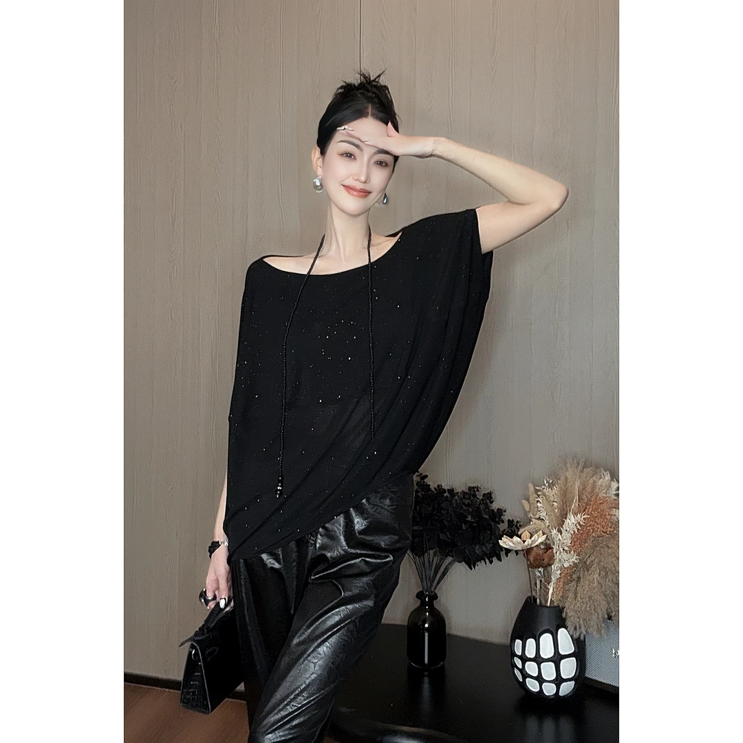 紫紫 闪耀的它 可斜肩亮片土星上衣时尚显瘦露肩女装衬衫ZSJC0407