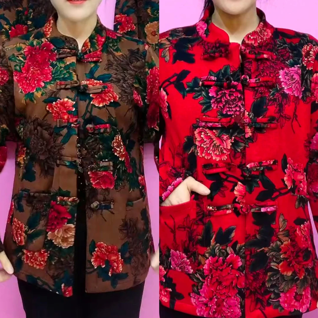 新款立领盘扣双兜薄绒妈妈衫