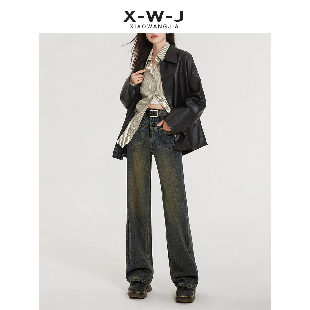 小王家水泥灰窄版阔腿裤女2024秋季新款高腰牛仔裤女无弹显高8278