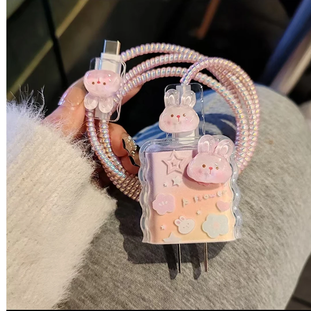 可爱透粉兔苹果15数据线保护套20w快充适用14promax软iPhone12/13