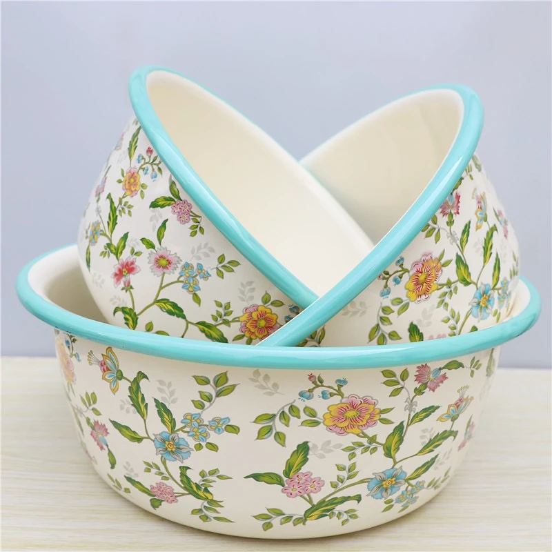 特厚卷边搪瓷珐琅盆三件套芳香揉面不沾盆可明火电磁炉加热