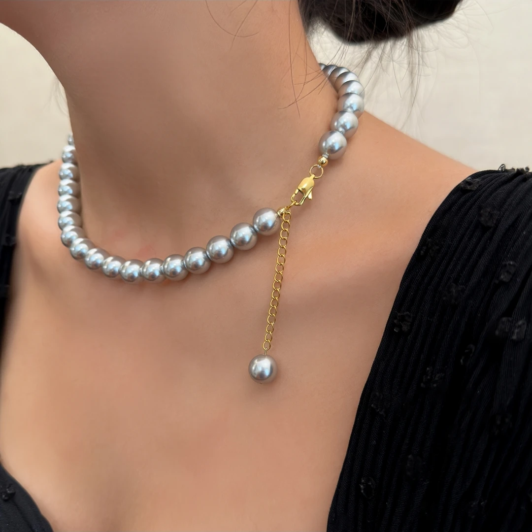 钛钢仿珍珠项链 【送耳钉+礼盒】施家灰色人造珍珠项链延长链可调