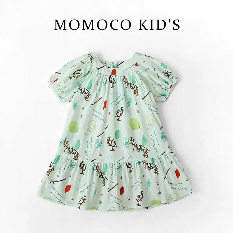 MOMOCO夏季女童牛油果绿连衣裙洋气泡泡袖女宝棉布裙75620476001
