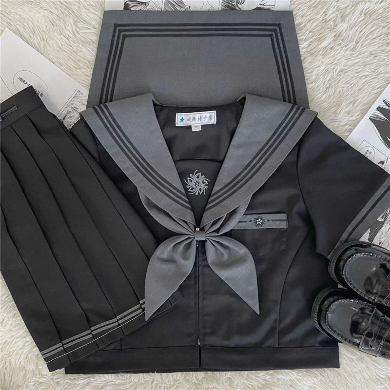 【岁樱】城南诗中意原创日系黑灰色jk制服春秋长袖短裙套装水手服