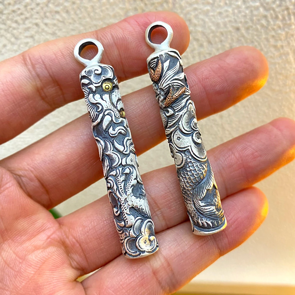 吊坠足银 《手工点铜龙柱》足银999手工錾刻龙柱吊坠