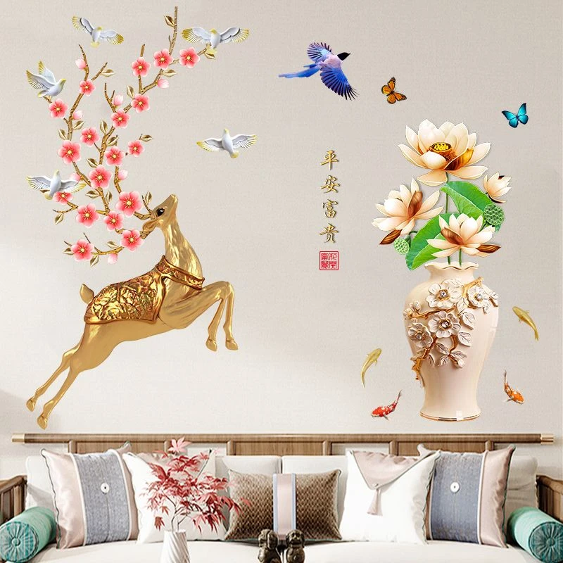 中国风荷花花瓶玻璃门贴纸布置创意客厅厨房推拉门墙贴画窗花窗贴