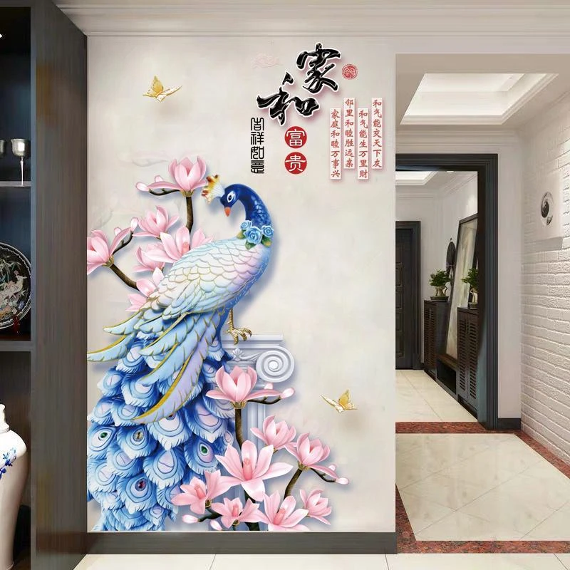 3d立体感孔雀玄关背景墙自粘墙贴画走廊过道简约装饰画贴纸自粘大
