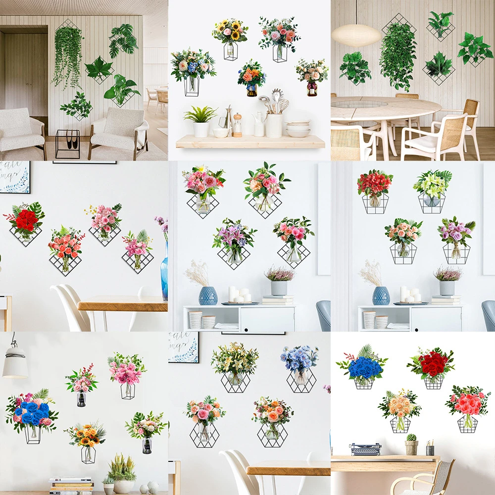 补洞新款网格花瓶玫瑰花朵绿植吊篮自粘墙贴画客厅卧室走廊装饰画