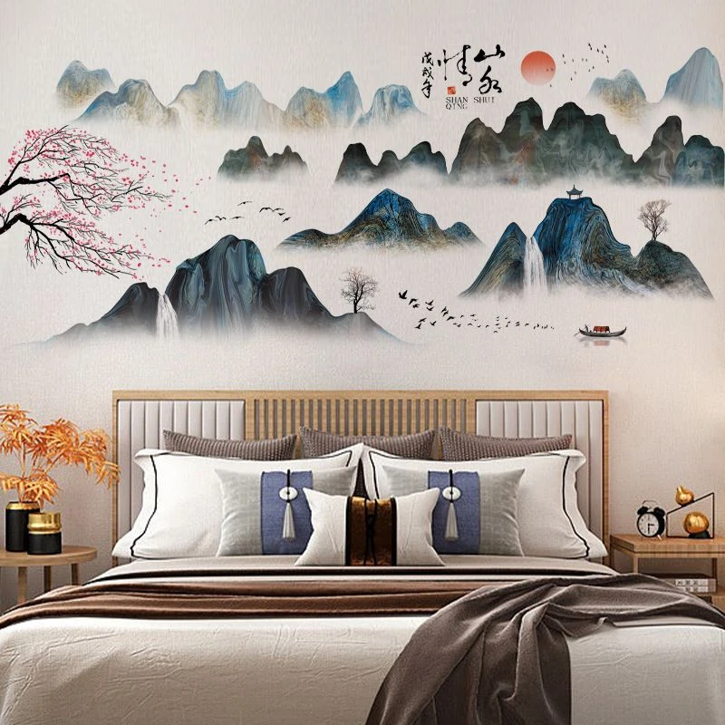 古风墙贴山水风景画千里江山图贴纸客厅书房卧室墙壁装饰自粘贴画