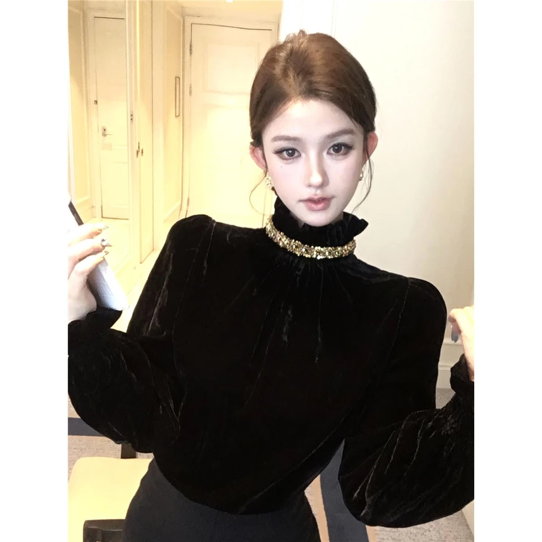 千金小香风亮片衬衫女秋冬宫廷风泡泡袖上衣丝绒打底衫内搭高级感