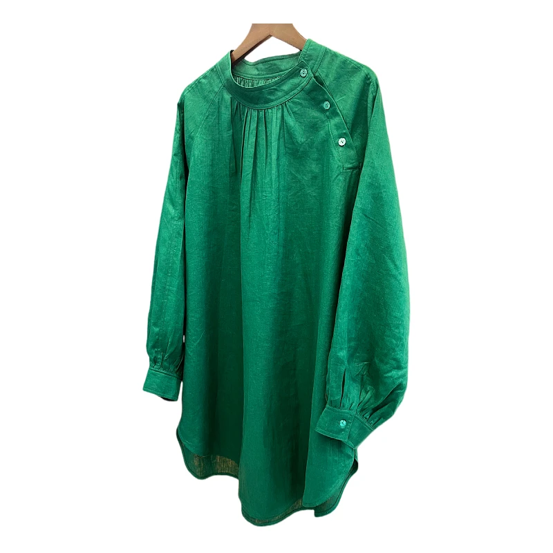 （如意 ）新款休闲时尚宽松绿色百长袖搭苎麻中长款上衣