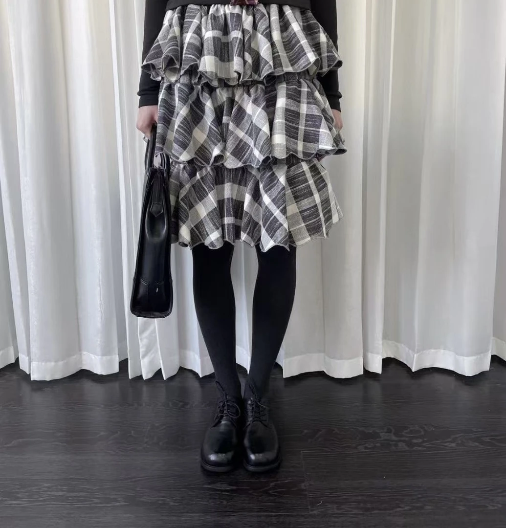 （格子蛋糕裙）半裙高腰复古