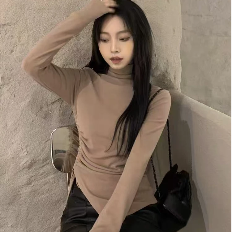 天一~不规则半高领长袖抽褶修身显瘦时尚百搭T恤秋冬打底8098