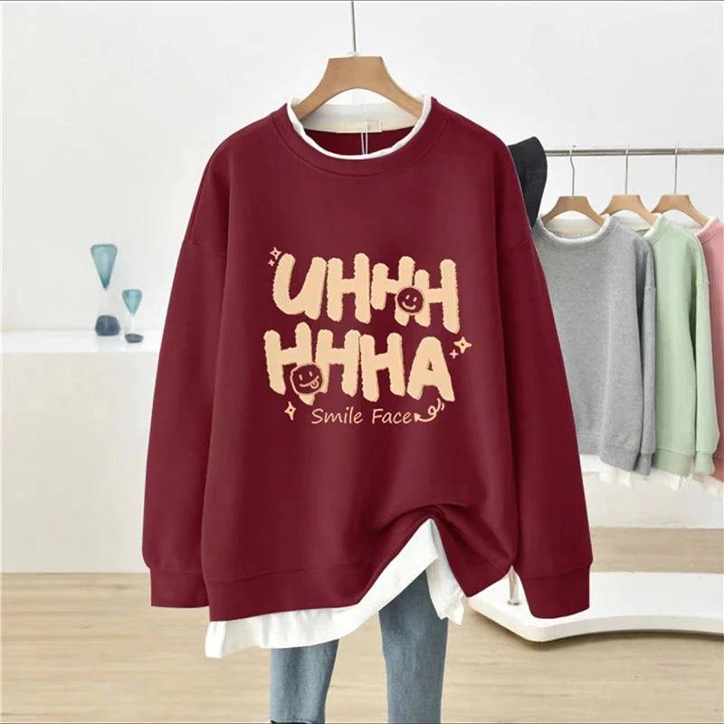 大码胖mm假两件圆领卫衣女秋冬宽松oversize加绒韩版遮肚子上衣