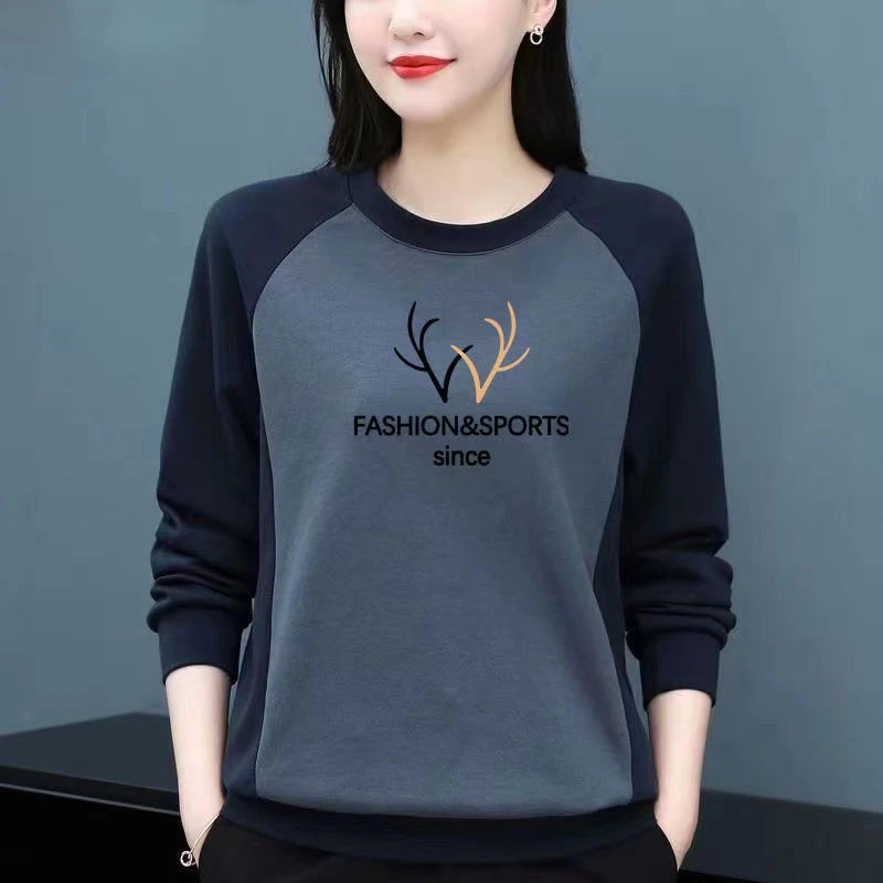 100%纯棉中年圆领女拼接印花长袖t恤2023春秋新款大码妈妈装上衣