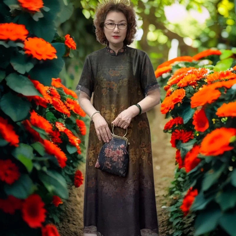 5118款香云纱宽松版显瘦气质夏季中长款优雅开衫大码妈妈装桑蚕丝