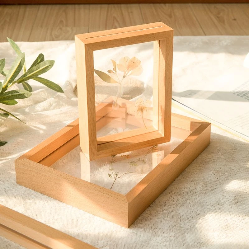 北欧双面玻璃树叶相框摆台透明植物干花叶子标本框透明实木框摆件