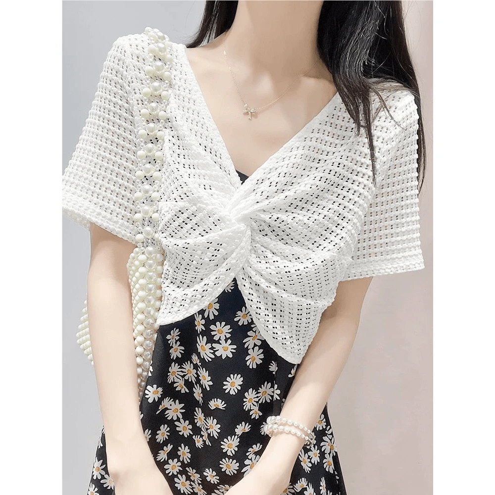 配吊带裙子防晒罩衫女夏季短袖t恤外搭蕾丝披肩短款镂空针织上衣