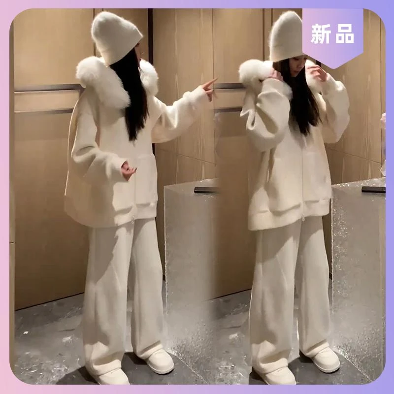 休闲毛绒套装冬季新款高级感大毛领加厚宽松外套阔腿长裤两件套女