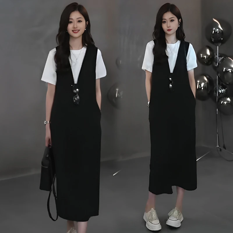 气质两件套裙子2025夏季新款洋气休闲短袖+v领背心连衣裙时尚套装