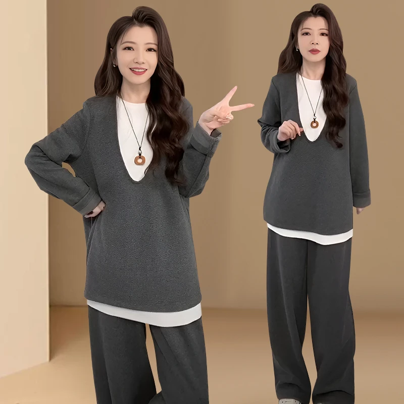 2025春秋季新款女士时尚套装韩版拼接假两件长袖百搭休闲裤两件套