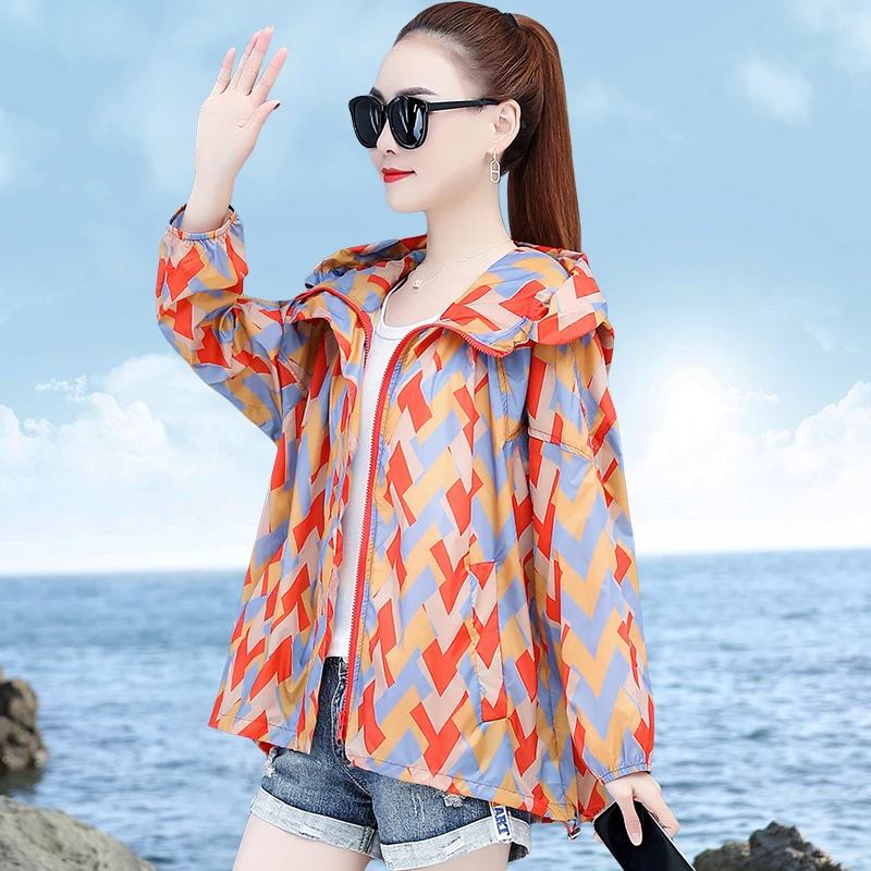 带帽防晒衣女洋气2025新款夏宽松防晒衫仙女印花百搭薄外套防嗮服