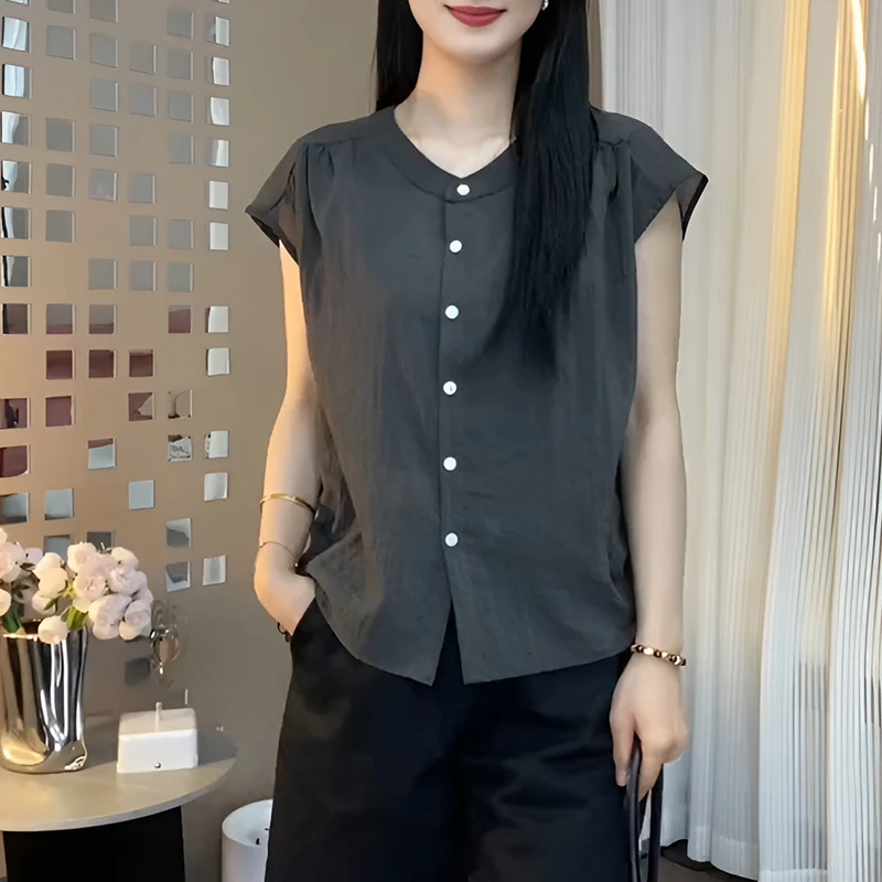 夏季圆领纯色法式复古系带无袖百搭气质时尚减龄休闲显瘦T恤小衫