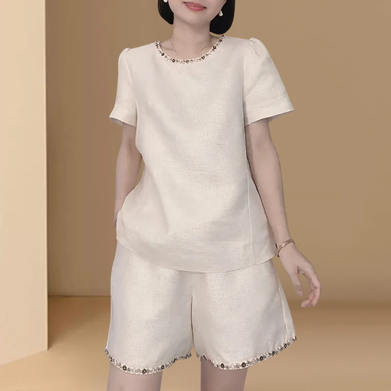 2025夏季欧货简约减龄一整套穿搭彩色钉珠领气质洋气上衣短裤套装