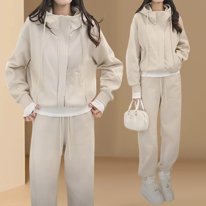 时尚休闲运动套装女秋冬高级感连帽卫衣外套阔腿裤盐系轻熟两件套