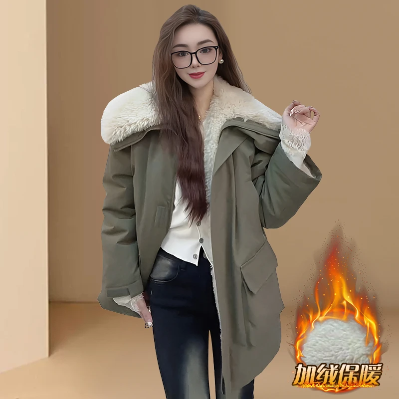 韩版宽松毛毛加厚派克服2025秋冬装气质显瘦工装加绒大衣外套女