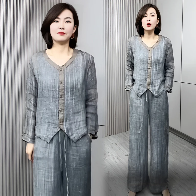 灰蓝色时尚套装女2025春秋气质休闲慵懒风大码上衣阔腿裤两件套