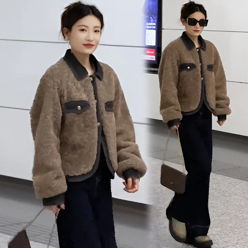 独特别致拼接牛仔毛毛外套女短款2024秋冬季新款设计感加厚上衣