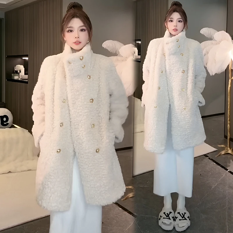 秋冬季立领2025新款高级感皮毛一体中长款毛毛外套加厚保暖大衣女