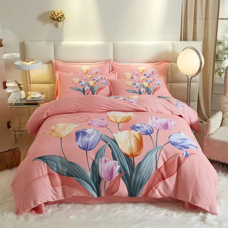 纯棉四件套全棉斜纹加厚亲肤磨毛4件套-晨暮间粉