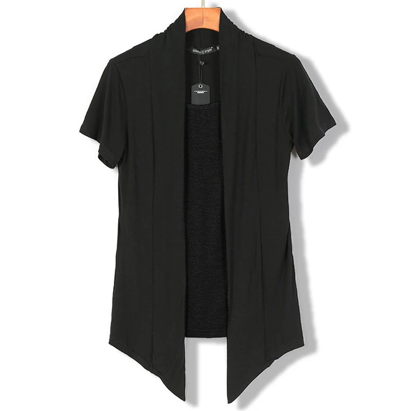 夏季男士假两件短袖T恤韩版套头开衫外套潮流黑白拼色半截袖上衣
