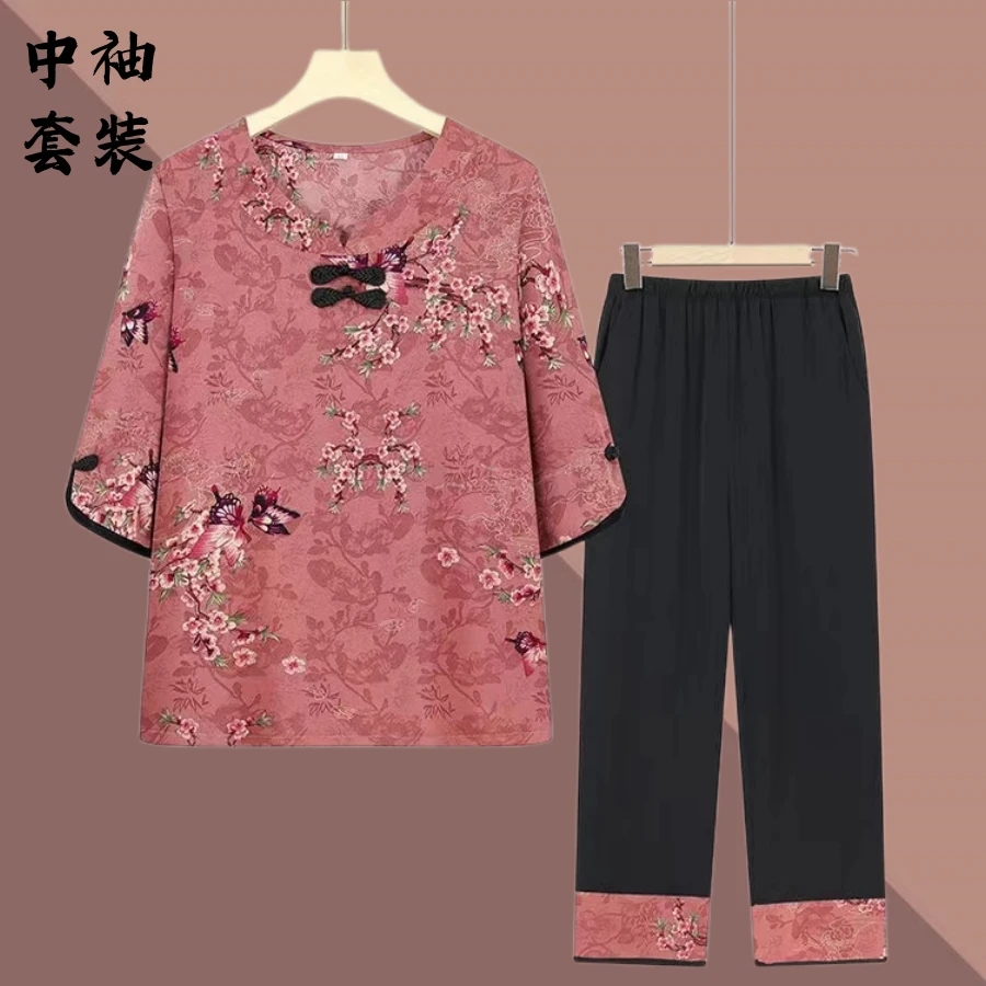 中老年夏装套装【薄款国风妈妈装】夏季女装体恤宽松时尚洋气奶奶装