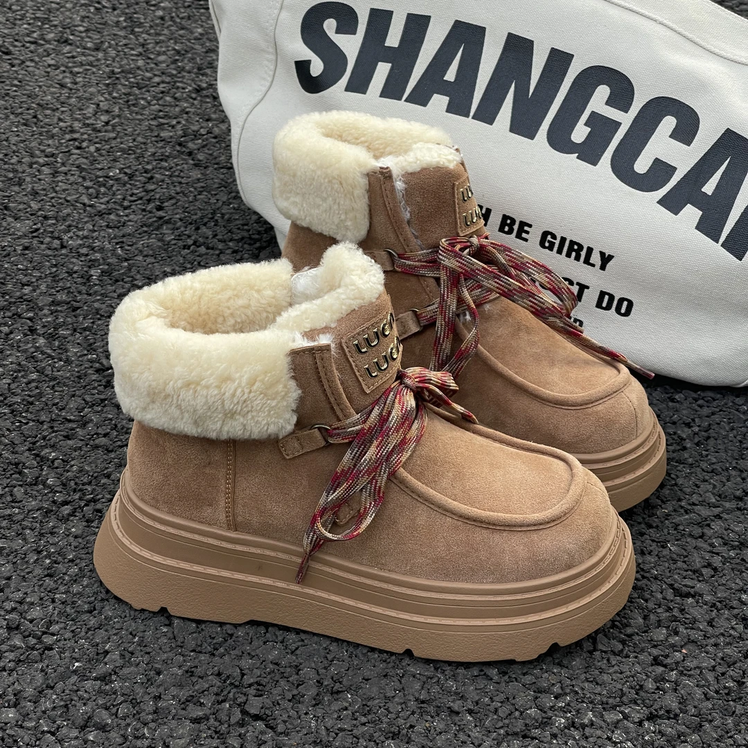 [硕果轻奢]秋冬新款细带厚底羊羔毛雪地靴增高加绒保暖棉靴